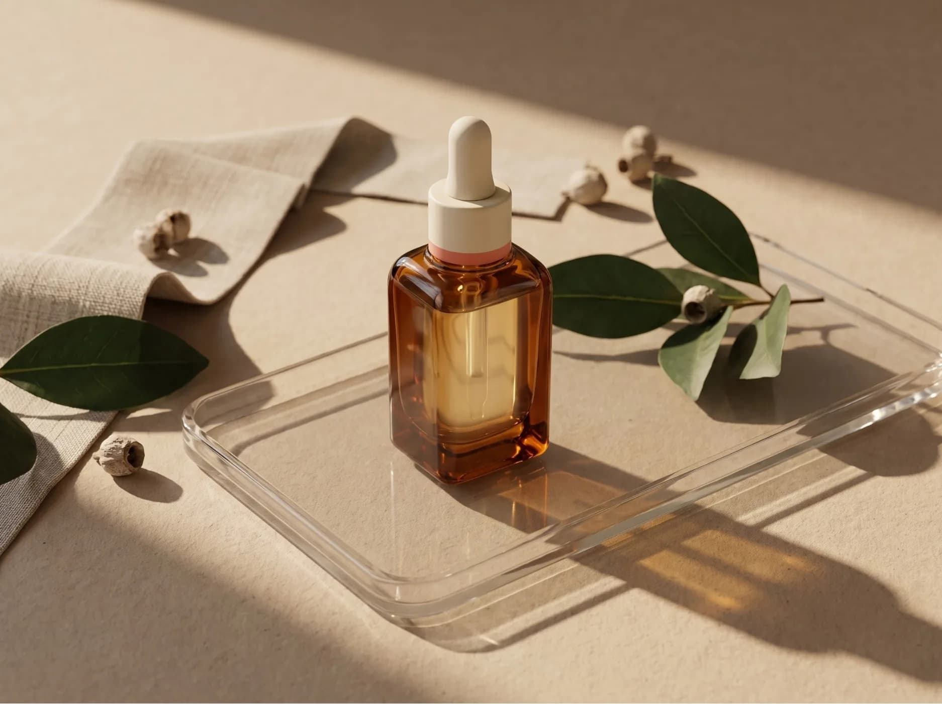Produce and approve: Representative landscape carousel image of the unbranded botanical face serum on a glass tray