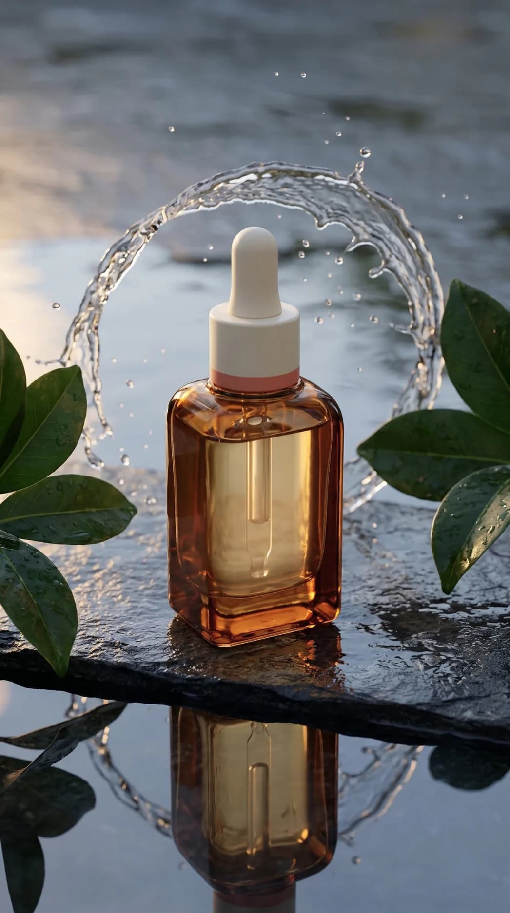 Produce and approve: Representative vertical reel of the unbranded botanical face serum framed by water and leaves